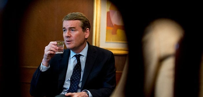 Democratic U.S. Sen. Michael Bennet of Colorado is seen through cutouts in a wooden chair July 4, 2017, during a meeting with a group of journalists in Mexico City. Bennet said James Carroll, acting director of the Office of National Drug Control Policy (ONDCP), would use scientific data to evaluate the effects of cannabis legalization in Colorado and other states. (Associated Press File Photo/Rebecca Blackwell)