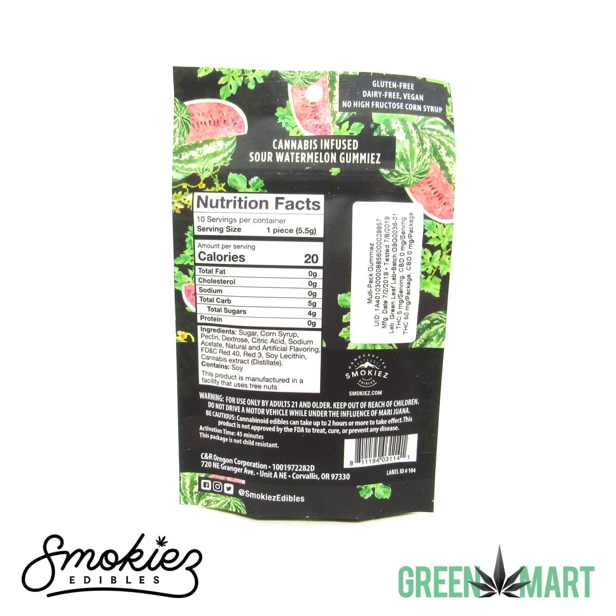 Smokiez Edibles THC Gummiez - Sour Watermelon Back