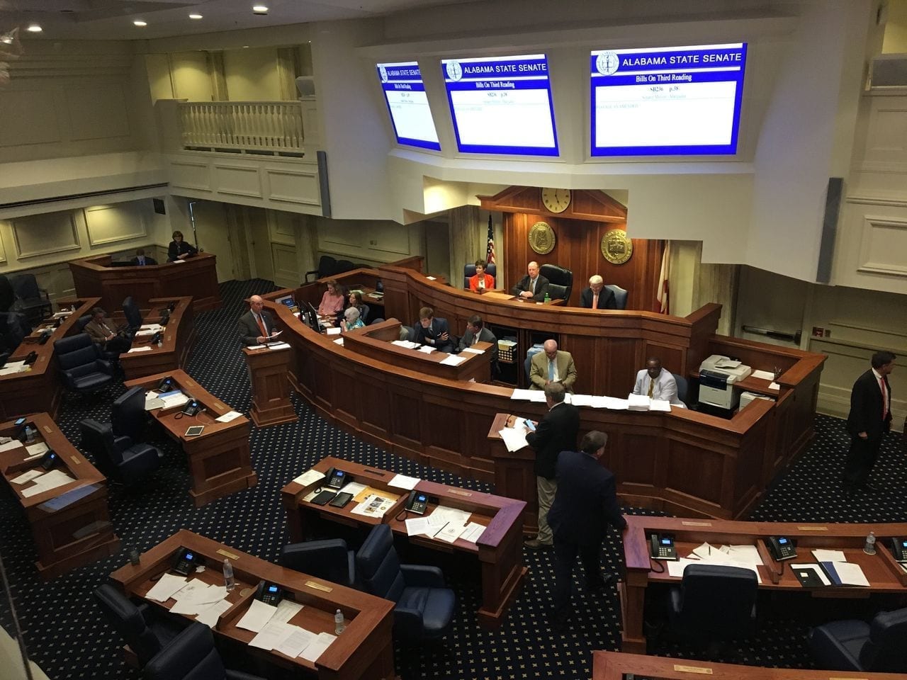 Sen. Larry Stutts, R-Sheffield, at the lectern on the left, argues against a bill that would legalize medical marijuana in Alabama. At the right lectern is Sen. Tim Melson, R-Florence, sponsor of the bill. (Mike Cason/mcason@al.com)
