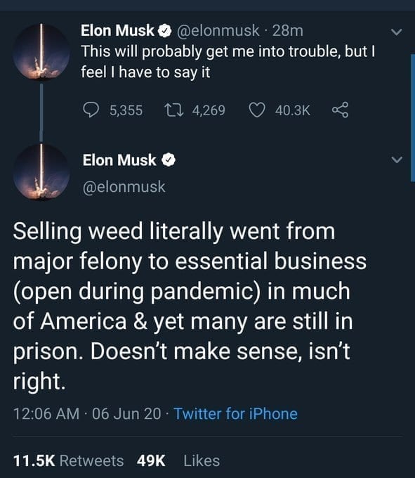 Elon Musk tweets obscure tweet before defending marijuana dealing